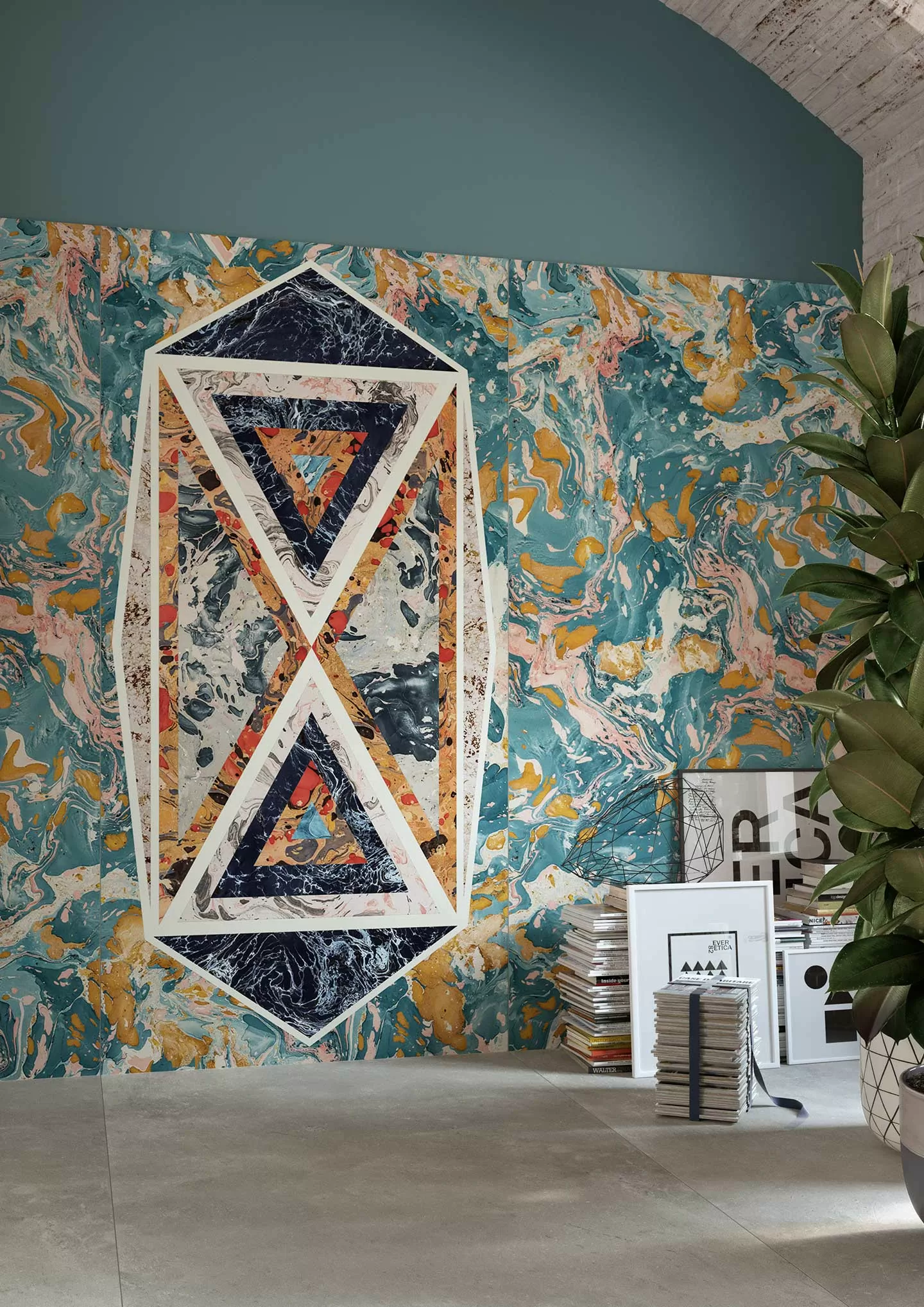 Керамогранит 763514 Araldica Triangoli Blu Lucida R 6mm 120x240