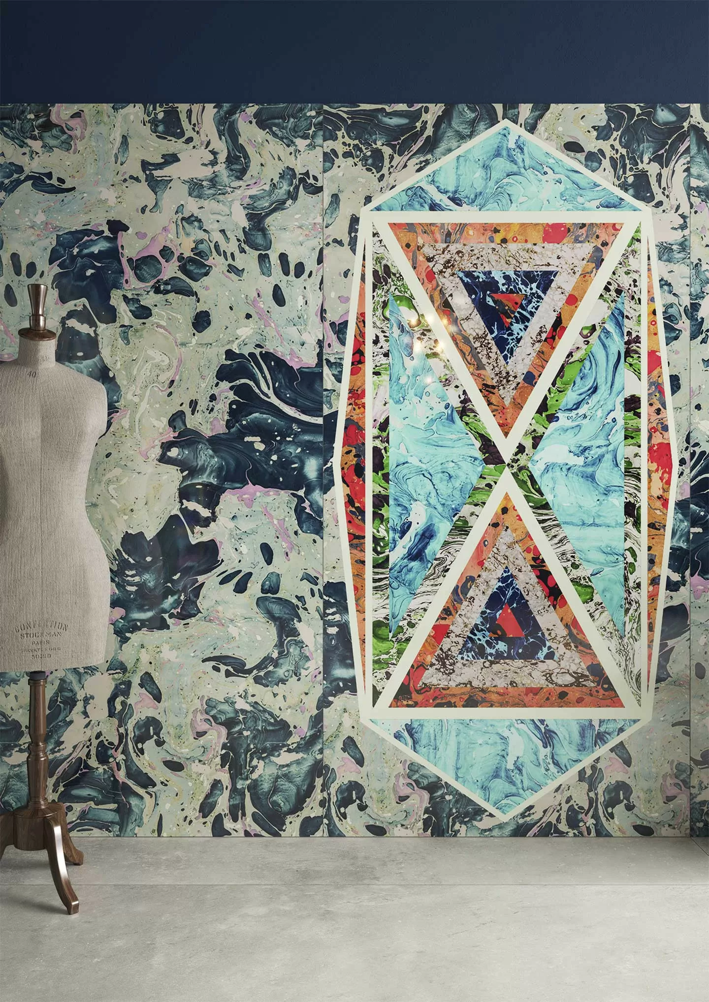 Керамогранит 763514 Araldica Triangoli Blu Lucida R 6mm 120x240