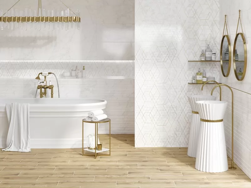 Плитка A15925 вставка Calacatta шеврон белый 29,8x59,8
