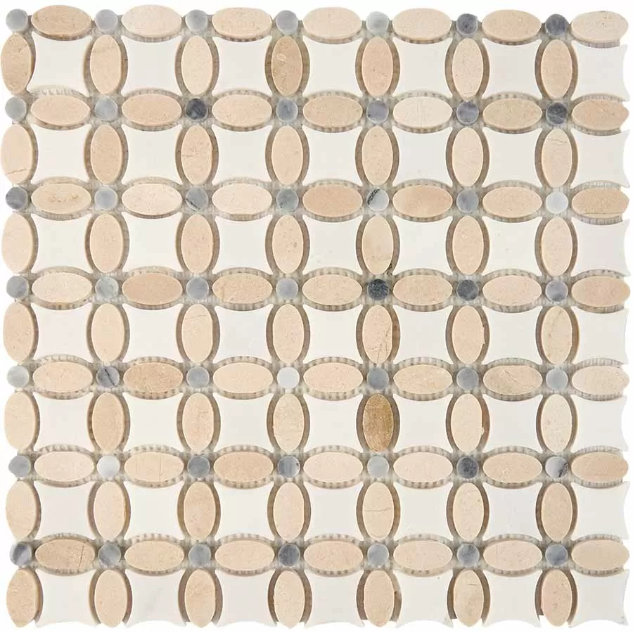 Мозаика PIX281 Cream marfil, Thassos, Athens grey из мрамора полированная 32x32 336х336x8
